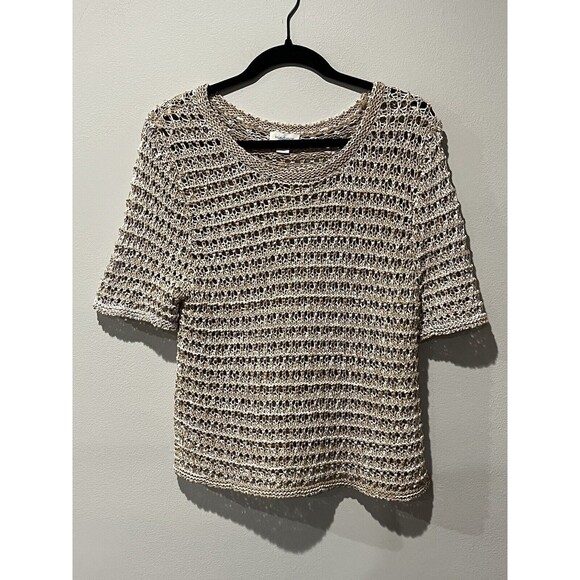 Sundance Sweaters - Sundance Sweater Women’s Medium Quinilla Open Knit Tan Crewneck Short Sleeve Top